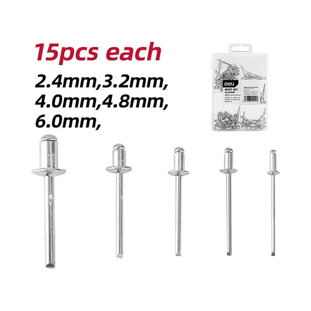 Jogo de rebites 2,4 até 6mm (15pcs de cada) Deli