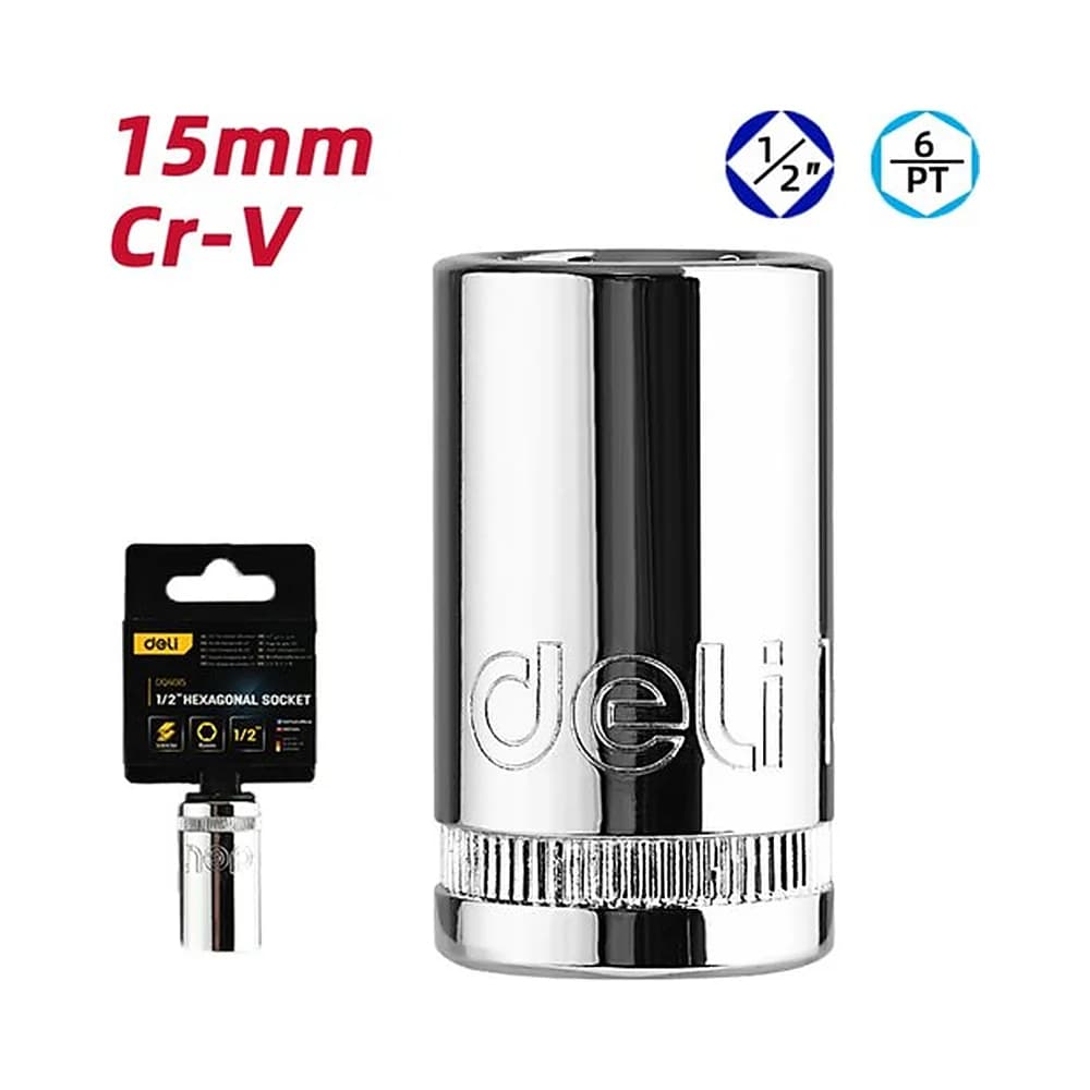Soquete sextavado curto 1/2" de 15mm Deli