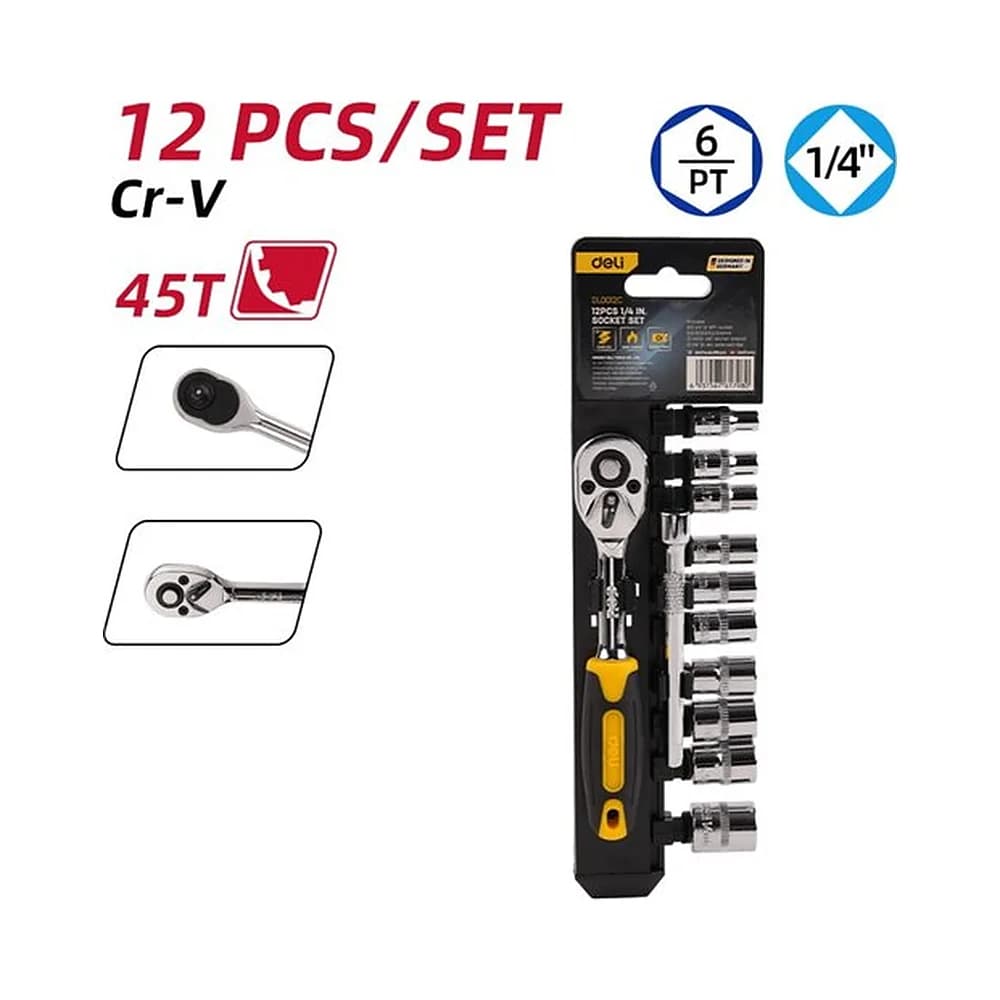 Jogo de catraca 1/4" 45 dentes com soquetes longos de 5 a 14mm (10 pcs) Deli