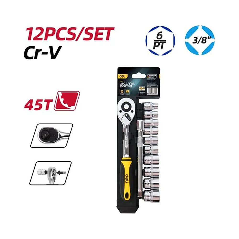Jogo de catraca 3/8" 45 dentes com soquetes de 4 a 19mm (12 pcs) Deli