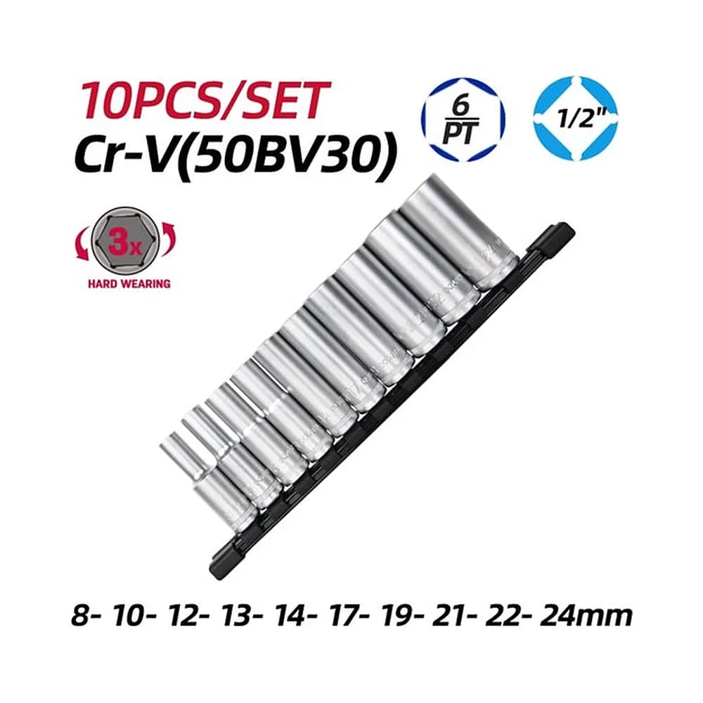 Jogo de soquetes longos/profundos 1/2" de 8 a 14mm (10 PCS) Deli