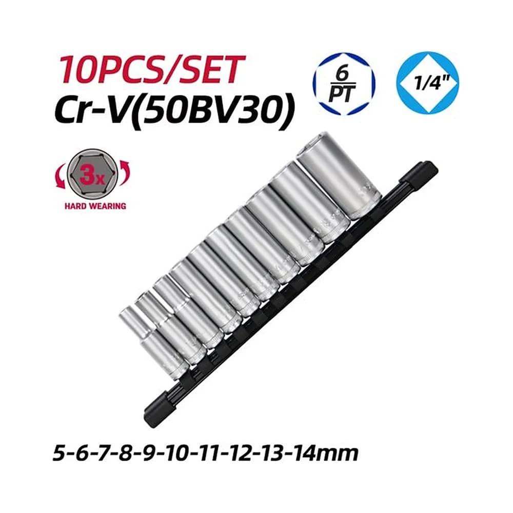 Jogo de soquetes longos/profundos 1/4" de 7 a 22mm (10 PCS) Deli