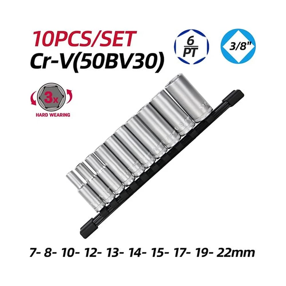 Jogo de soquetes longos/profundos 3/8" de 7 a 22mm (10 PCS) Deli
